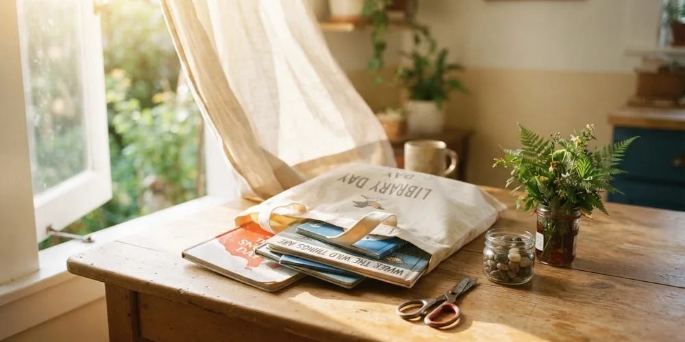 A sunlit wooden table with a Library Day tote bag, stacked books, a plant, scissors, and a mug.